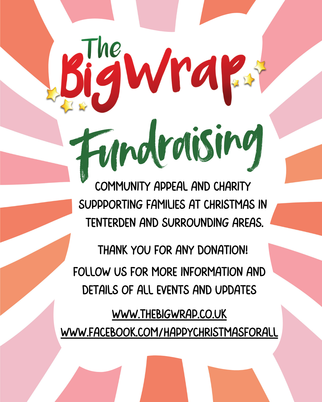 A poster for The Big Wrap Fundraising that states the charity's aims and thanks supporters for donations, and encourages people to follow the charity on Facebook to stay up to date with events.